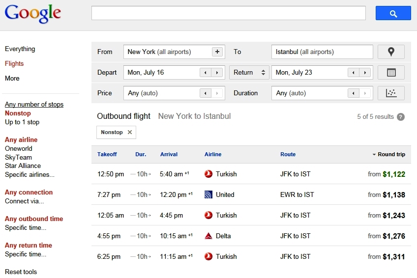 Google Flights - İstanbul New York
