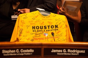 Southwest Airlines employees sent signed "Free Hobby" t-shirts to Houston City Council members before the vote to approve Southwest's bid to expand William P. Hobby Airport for international service. Stephen M. Keller, Southwest Airlines 2012.