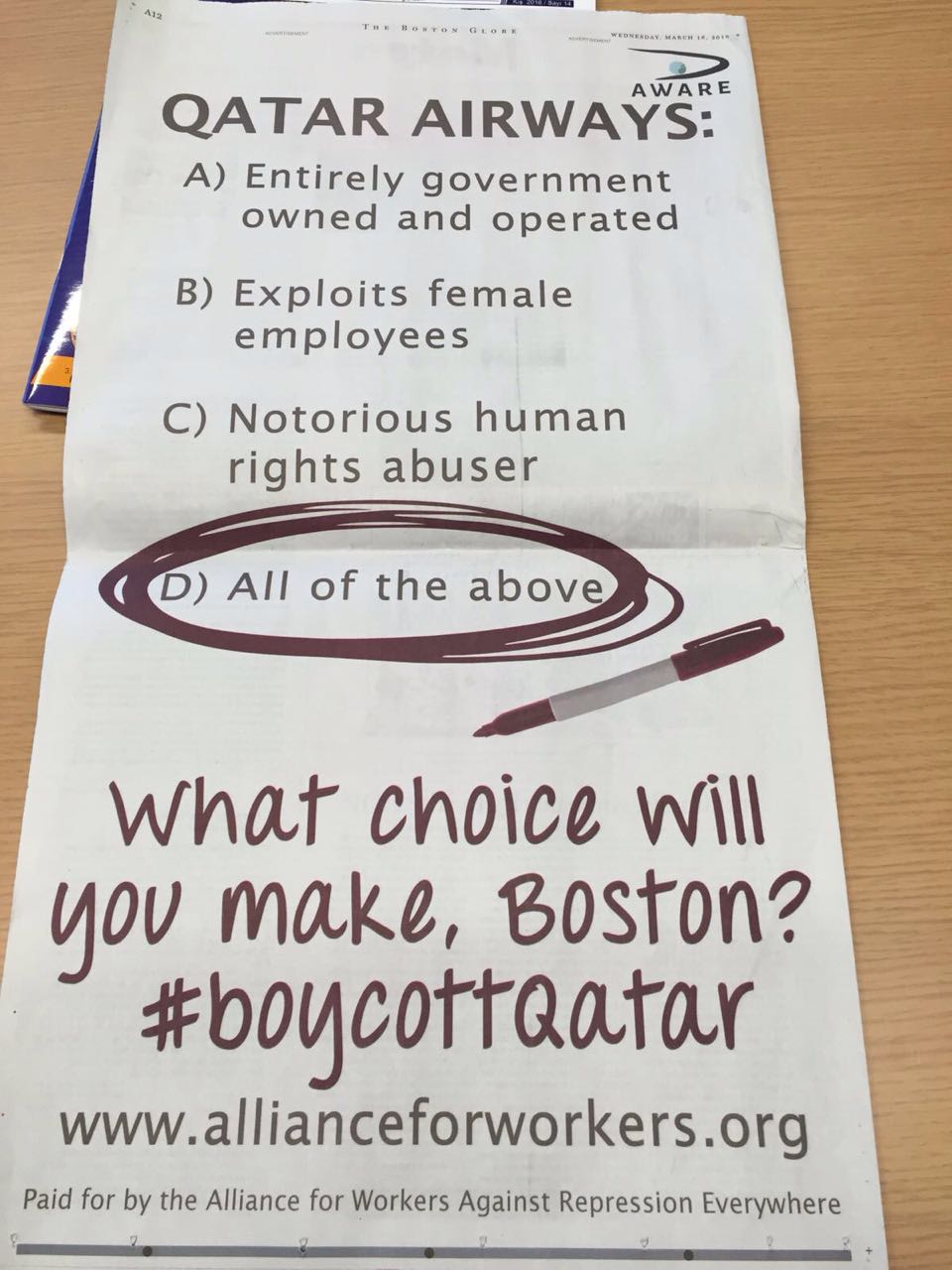 Boston Globe_Alliance for Workers_Qatar Airways_ad