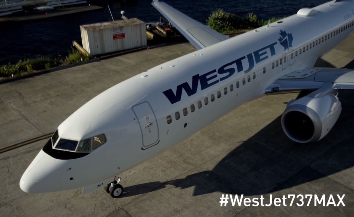 Drone flies over WestJet’s first 737 MAX-8 in Renton