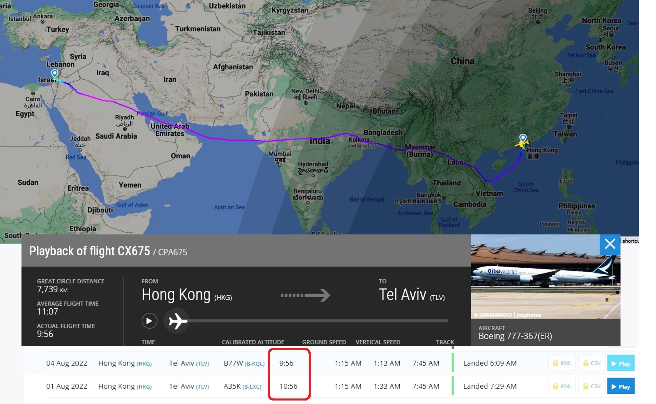Cathay Pacific'in CX675 sefer sayılı Hong Kong - Tel Aviv uçuşu, Suudi Arabistan hava sahasının açılması sonrasında bir saat kısaldı.
