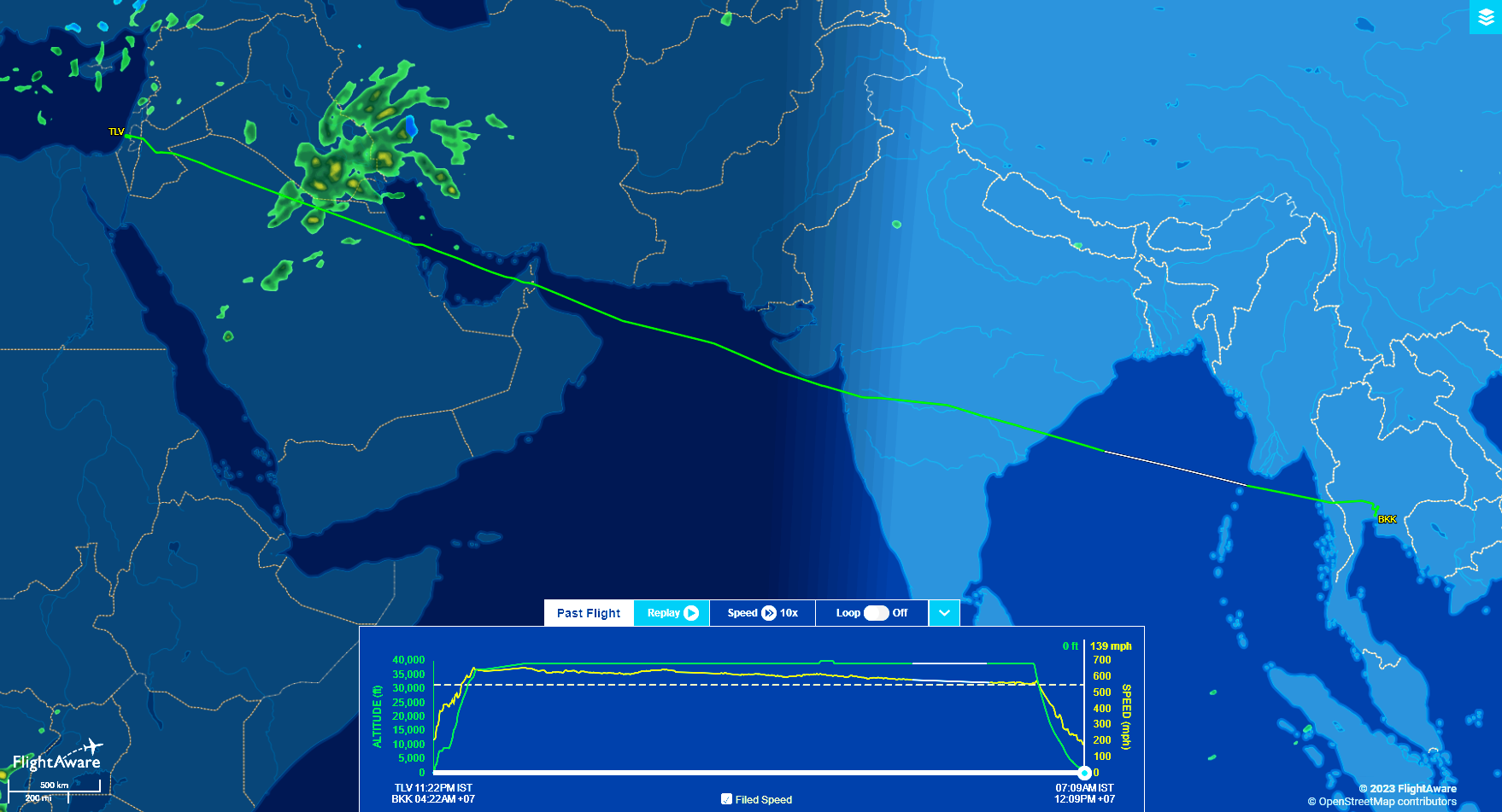 El Al Havayolları'nın Tel Aviv - Bangkok (LY81) Rotası (6 Mart 2023)