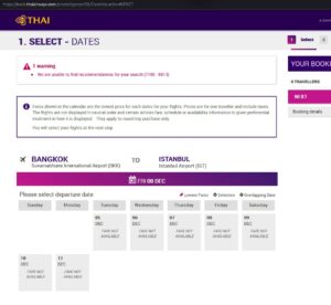 İstanbul - Bangkok (Thai Airways web sitesi)