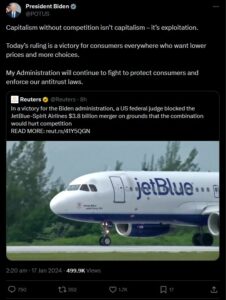 Joe Biden, JetBlue - Spirit birleşmesinin reddedilmesinden memnun (17 Ocak 2024)