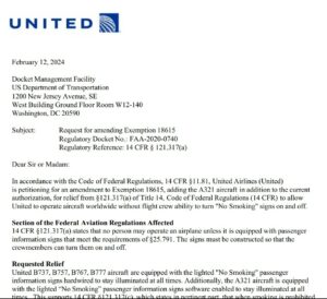 United Airlines - "Sigara İçmek Yasaktır" işareti konusunda talep edilen istisna (12 Şubat 2024)