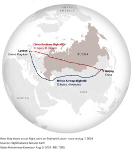 Pekin - Londra hattında, British Airways ve China Southern Airlines uçuşlarının rotaları (7 Ağustos 2024)