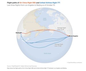 Air China ve United Airlines'ın Los Angeles - Pekin uçuşlarının rotaları (Ekim 2025)
