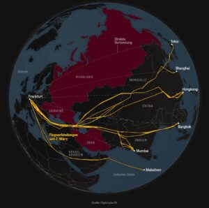 Frankfurt ile Doğu Asya'daki bazı noktalar arasındaki rotalar (Mart 2026)